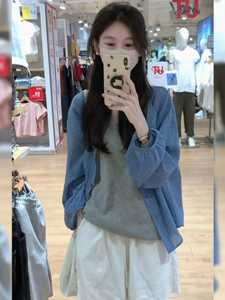 

Retro Lazy Sle Blue Plaid Long Sve Women's Sun Protection irt Spring New Casual Loose Thin Top Cotton Blend Open Cardigan