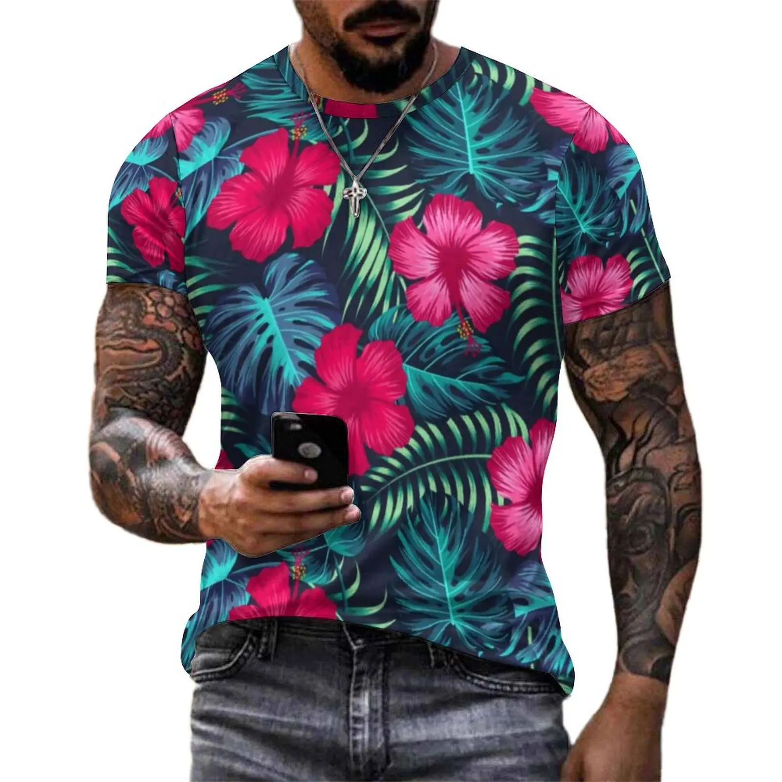 Tropical Palm Leaves T-Shirt Floral Hibiscus Flowers Harajuku T Shirts Men Streetwear Tee Shirt Short-Sleeve Top Tees 5XL 6XL