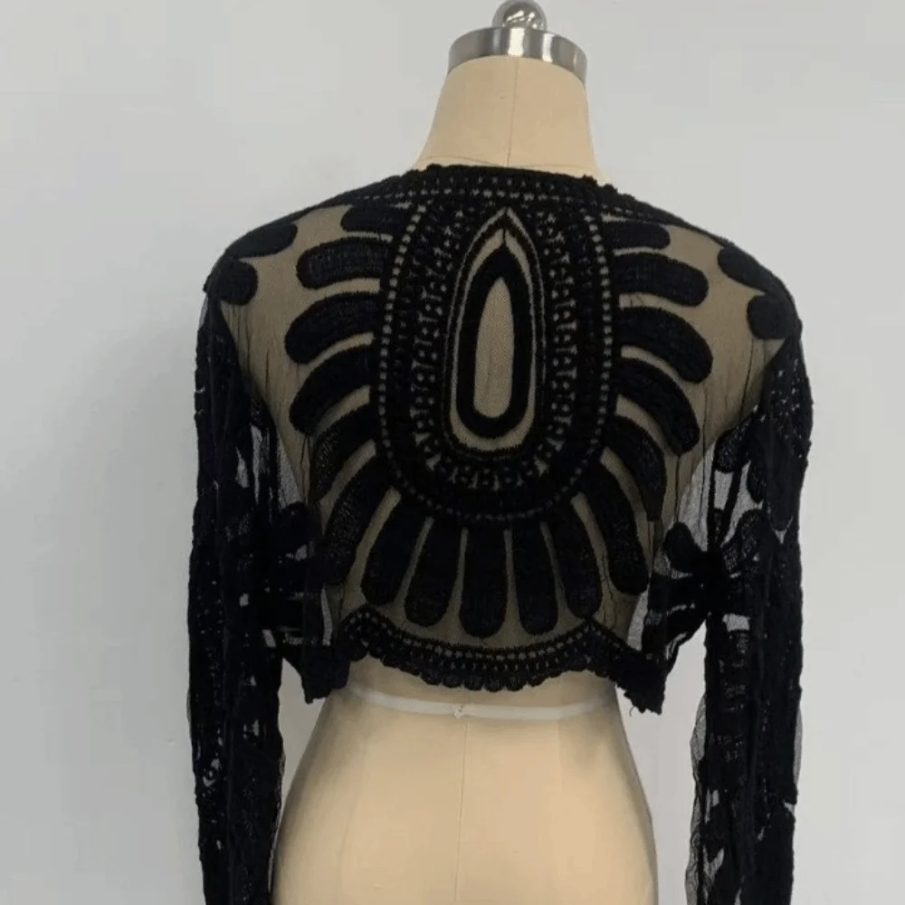 Lace Embroidery Sunscreen Cover Up Round Neck Long-Sleeved Cover Shirt Transparent Beach Short Sheer Top Spring And Summer