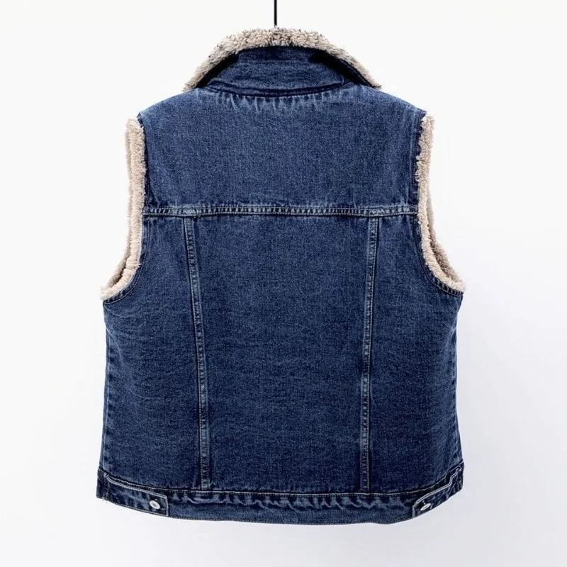 

Denim Vests Women S-5XL Fashion All-match Vintage Winter Warm Plus Velvet Korean Style Pockets Popular New Arrival Daily Chic