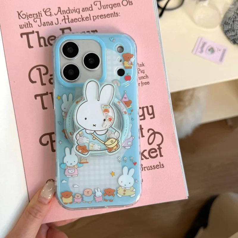 

Cute Cartoon Miffy star grid Magsafe Wireless Charge Phone Case For iPhone 16 15 14 13 17 Pro Max funny Shake Magnetic Cover﻿﻿