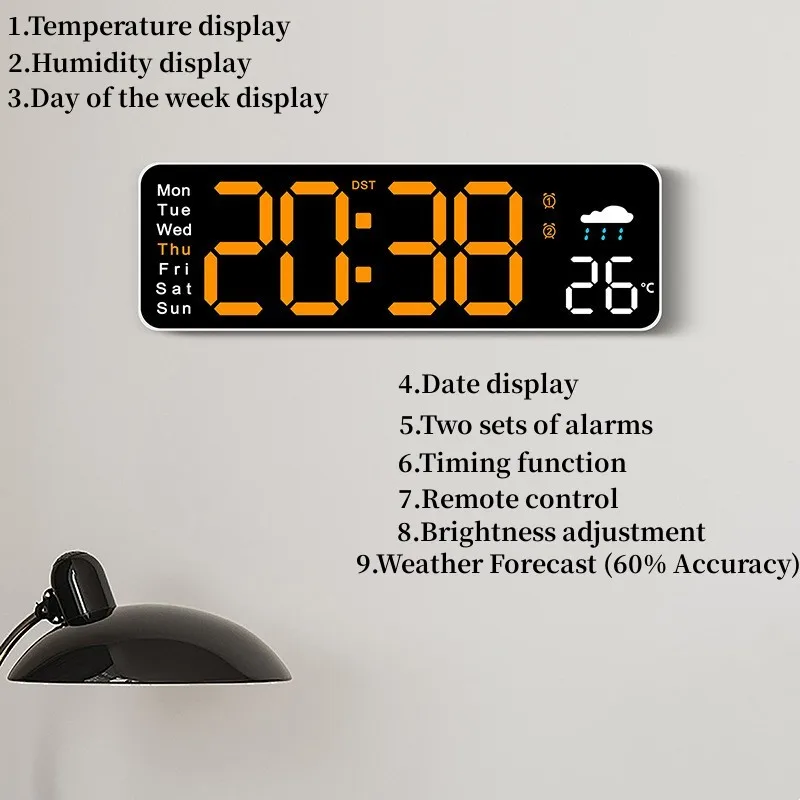 Large Digital Wall Clock Remote Control TEMP Humidity Week 2 Alarm Timing Countdown 12/24H DST Table LED Alarm Clock