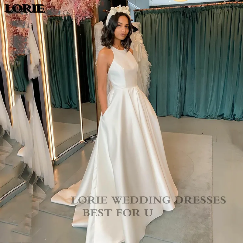 

LORIE Modern Simple Wedding Dresses Halter Neck Elegant Satin Bride Dress Backless Cheap Boho Wedding Gowns