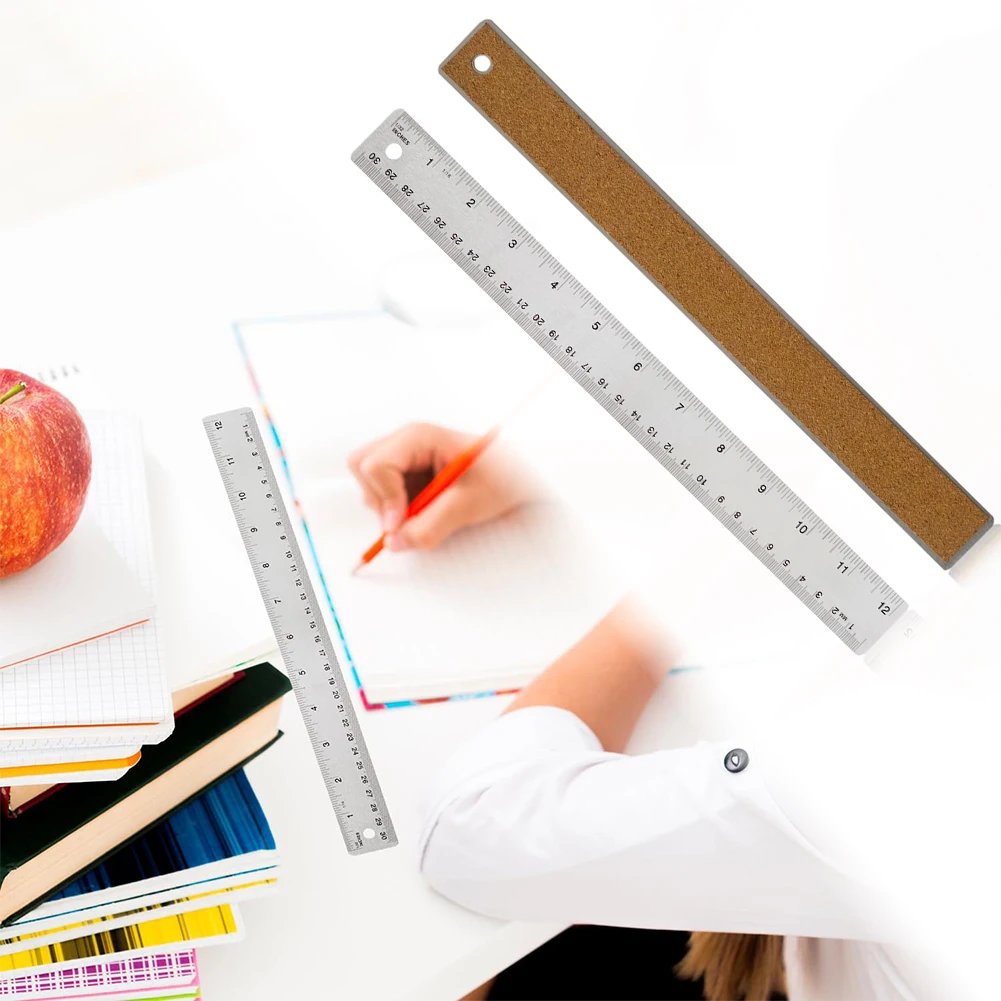 12Inch Stainless Steel Ruler With Cork Backing,Etched Dual Scale,Hang Hole,For Drawing,Woodworking,office And Student Measuring