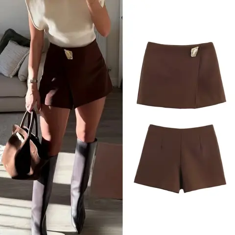 Women's Mini Skirt Autumn Winter Solid Color Asymmetrical Gold Decoration Female Simple Shorts Casual Fashion Skirt Streetwear