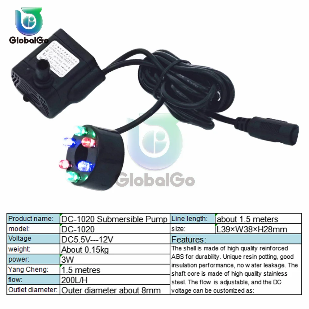 DC 5.5-12V 3W Powerful Submersible Water Pump With LED Light Adjustable Water Flow For Fountains Ponds Aquarium Fish Tank