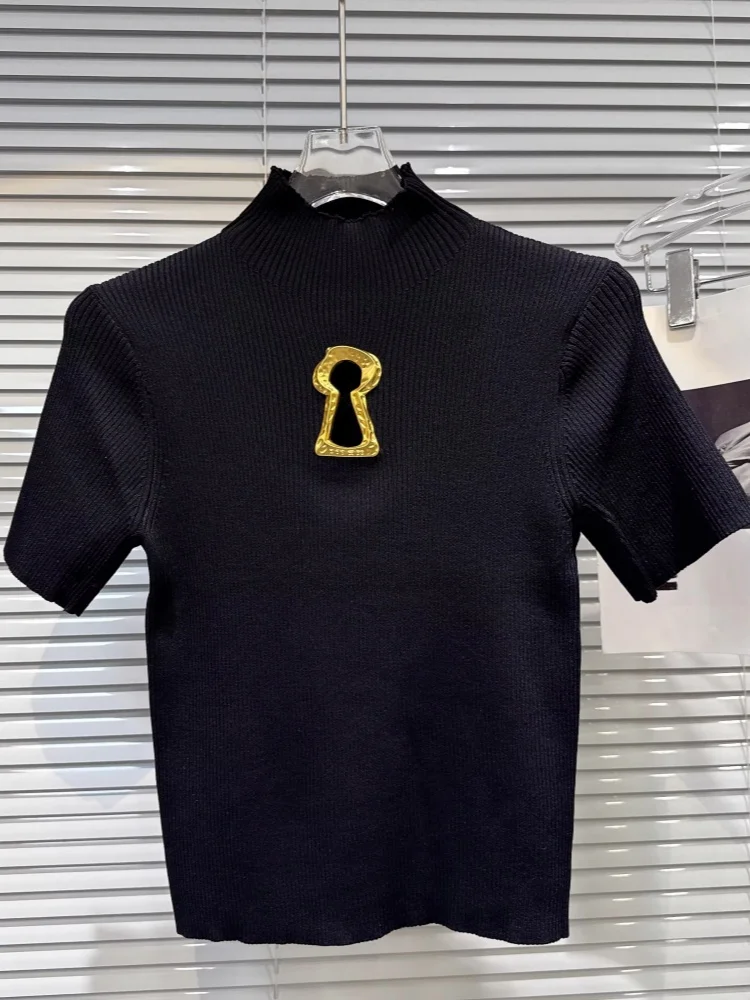 

Hollow Out Spliced Metal Buckle T Shirts For Women Turtleneck Short Sleeve Minimalist Slimming Knitted Top Female Clothing 2026