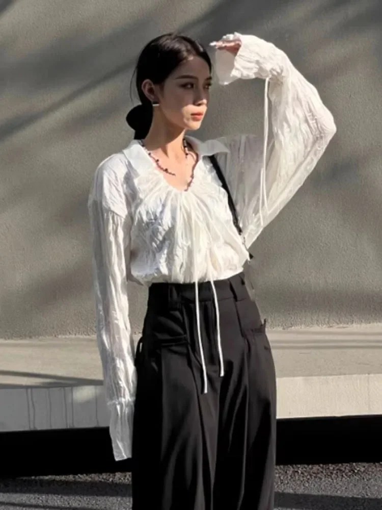 Y2k Ästhetische Vintage Damen Bluse Harajuku Einreiher ​ Grunge-Oberteile mit Kordelzug, 2025, Streetwear, plissiert, lässig, locker, Blusas