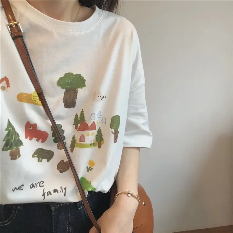 2022 Women Summer O-Neck White T Shirts Short Sleeve High Quality Women Cartoon Print Tees Cotton Loose Style Women Clothes