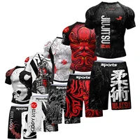 Traje deportivo de 2 uds., Bjj Jiu jitsu gi Rashguard + pantalones cortos MMA, pantalones de Muay Thai, ropa de boxeo fresca, ropa para gimnasio, Fitness y correr