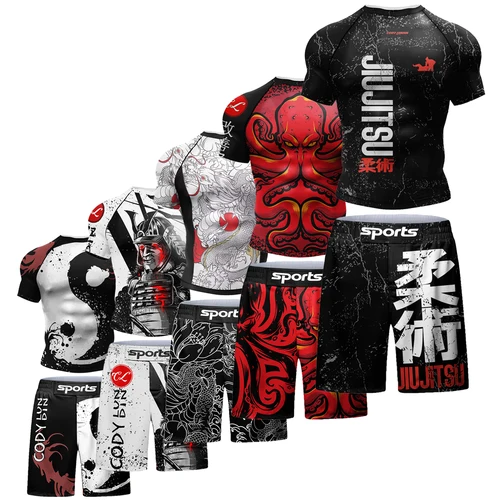 Traje deportivo de 2 uds., Bjj Jiu jitsu gi Rashguard + pantalones cortos MMA, pantalones de Muay Thai, ropa de boxeo fresca, ropa para gimnasio, Fitness y correr