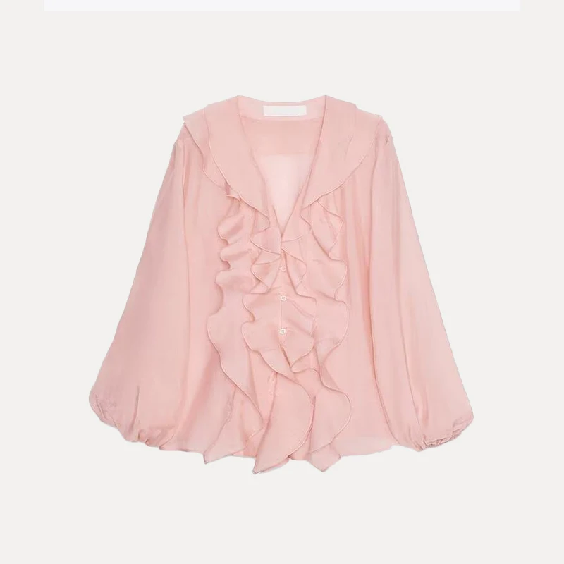 

2025 Summer New Women's Faion Personali Layered Decoration irt Loose Fit V-Ne Long Sve Polyester Fiber Z
