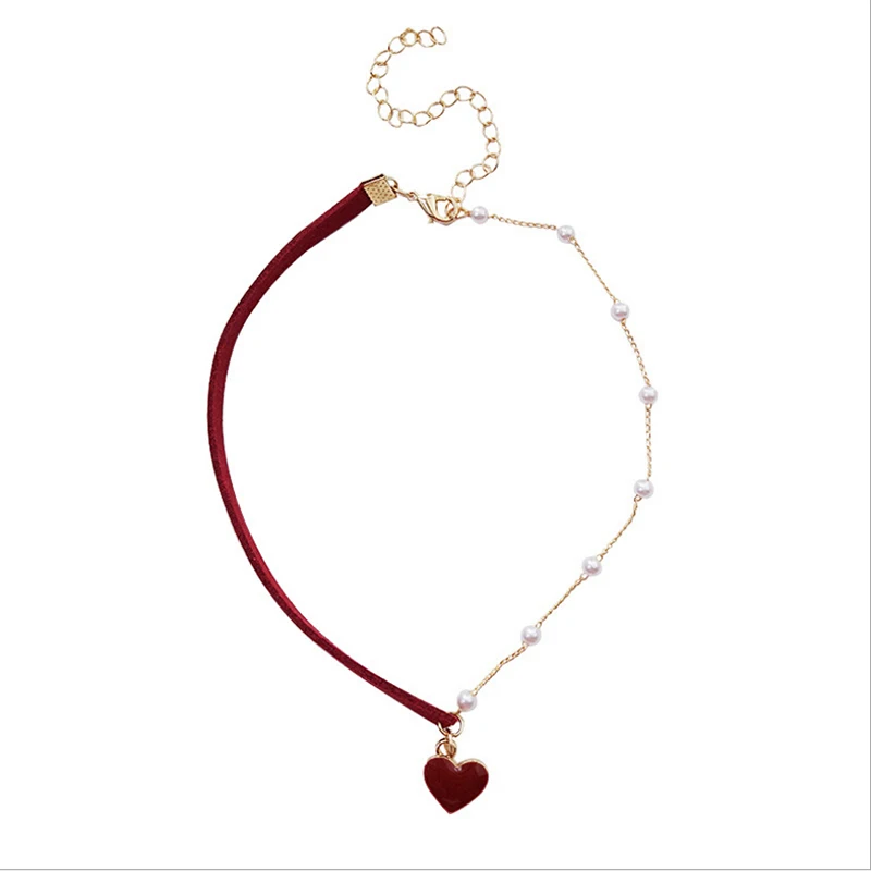 Fashion Women Pearl Asymmetry Chokers Red Heart Necklaces Charm Jewelry Gifts