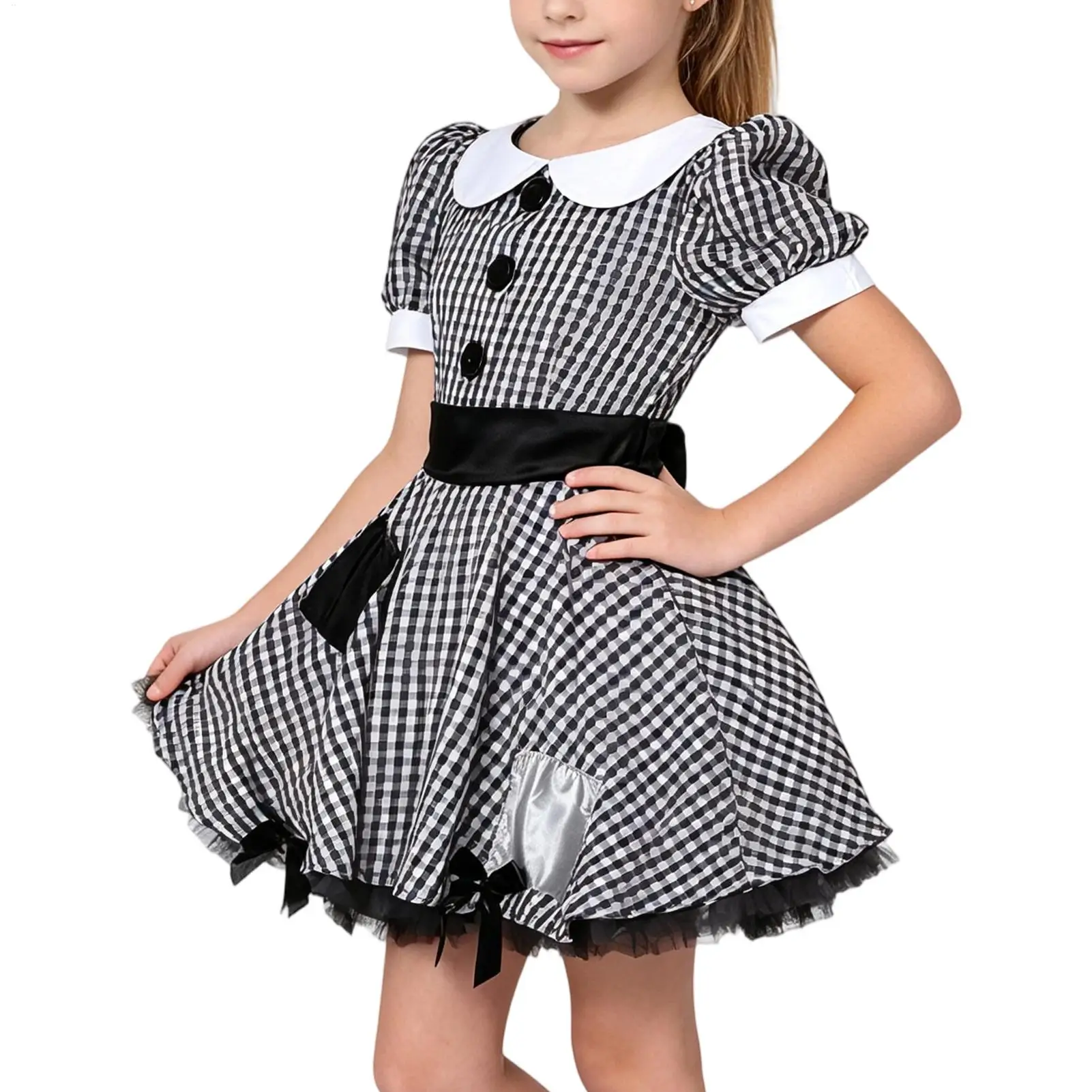 Girls Creepy Doll Costume Halloween Rag Doll Cosplay Outfit Black White Dress with Frayed Edges and Patch Details for Halloween