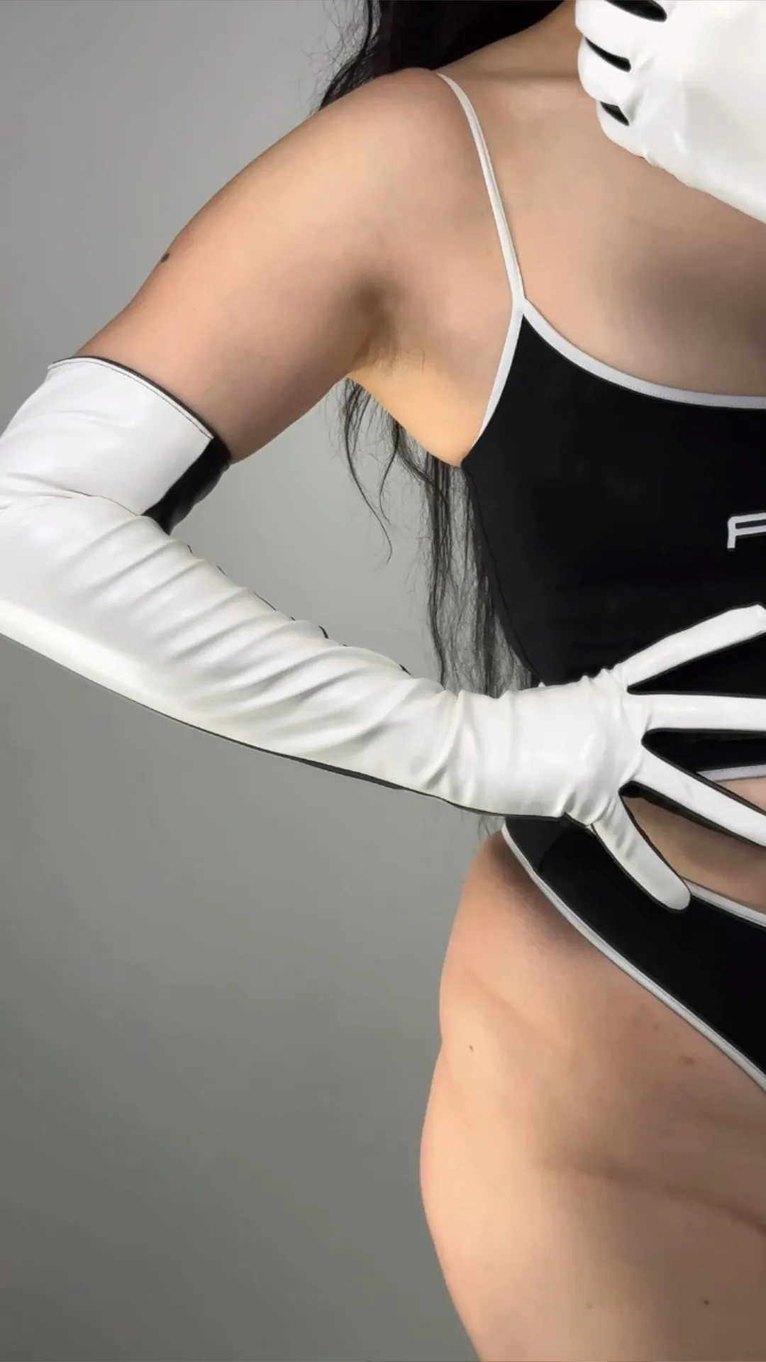 أبيض وأسود نغمتين قفازات طويلة التقنية جلد نباتي 24 "60 سنتيمتر لمس طويل مساء موضة المرحلة زي الهالوين التأثيري #5