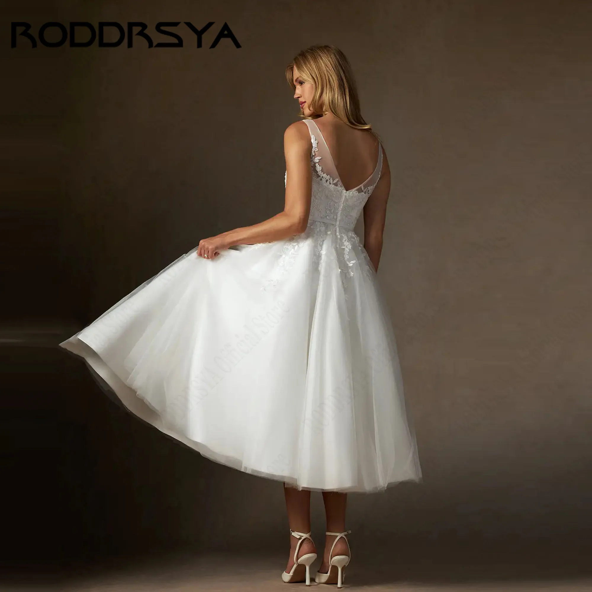 RODDRSYA Vintage Short Bridal Gown Appliques V-Neck A-Line Sleeveless Wedding Dress for Civil Ceremony vestidos novia Customized