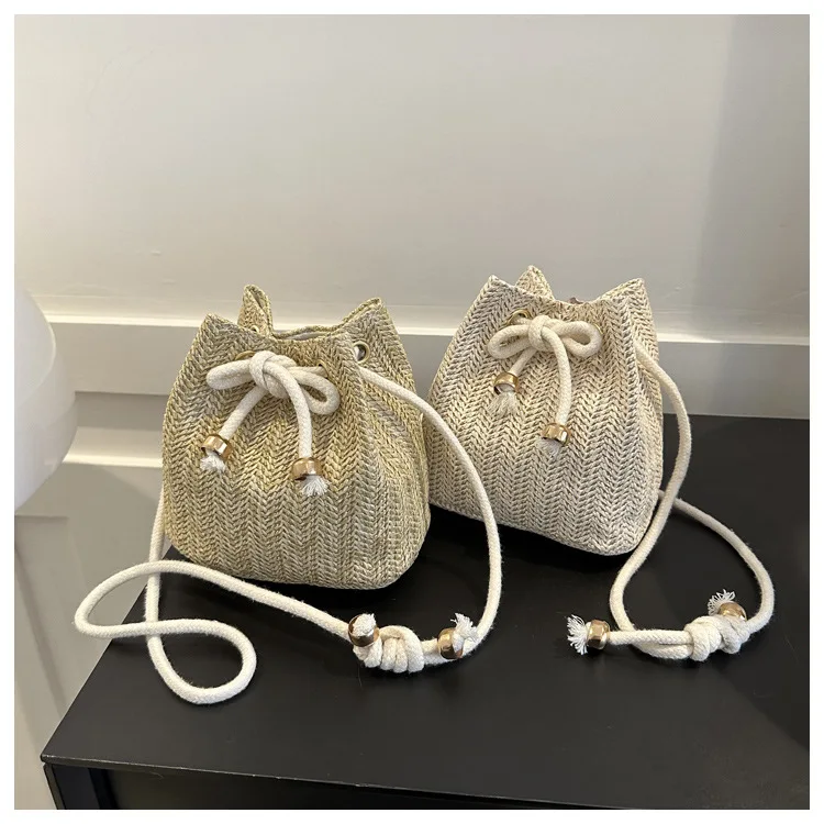 Fashion Small Crossbody Bag Women Drawstring Straw Bag Soft Woven Straw Shoulder Bags Ladies Summer Beach Handbag For Travel