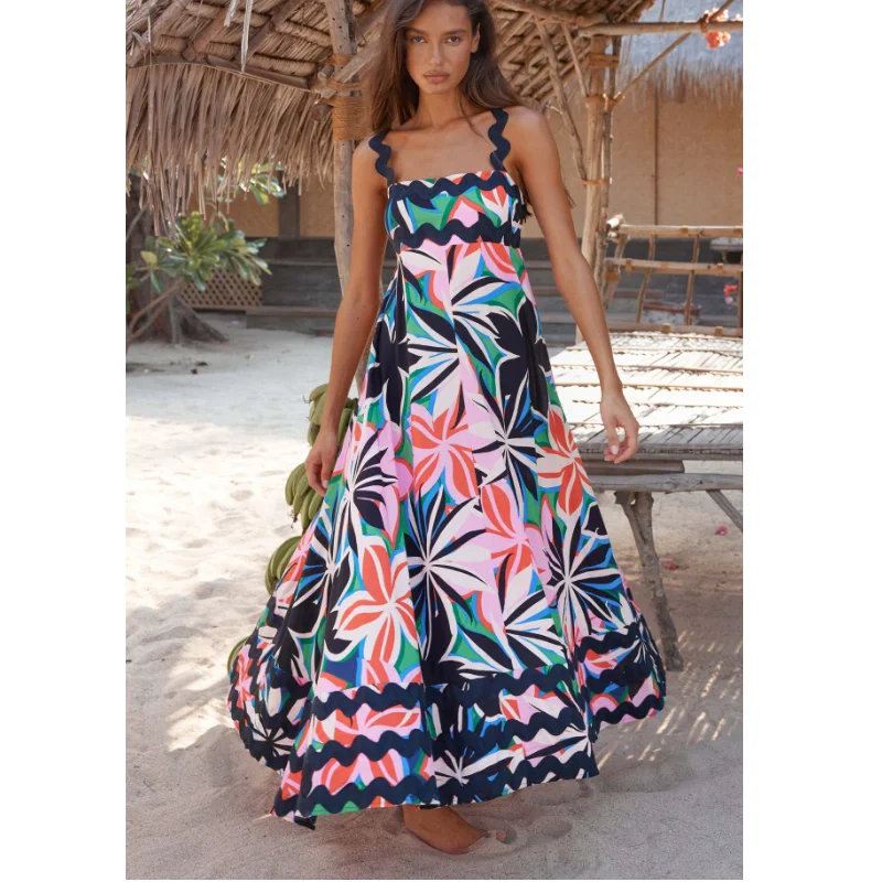 

Bohemian Floral Printed Long Dress Vacation Sleeveless Beach Spaghetti Strap Square Neck Sundress Women 2024 Summer Robes