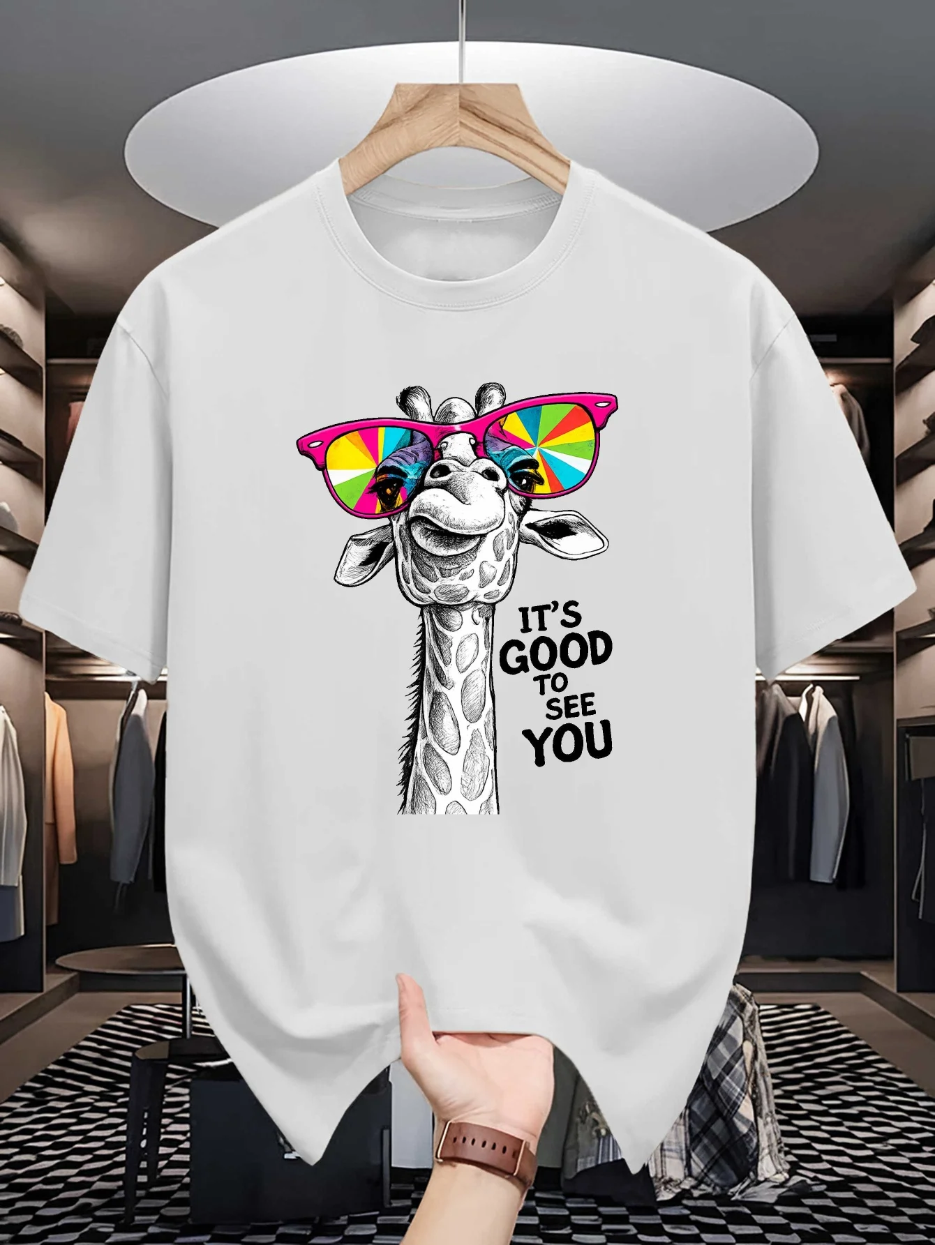 Mens Crew Neck T Shirt Funny Hip Giraffe Bright Sunglasses It Is Good To See You Graphic Short Sleeve Casual Cotton Street Tees