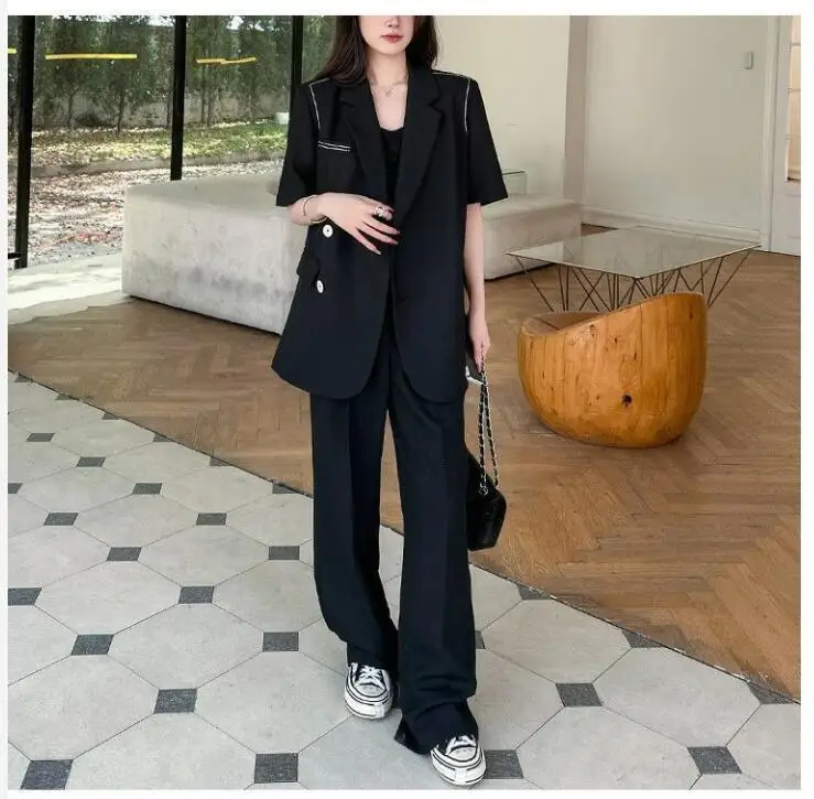 Women\'s 2024 Summer New Chic Loose Short Sleeved Suit Jacket Pants Two Piece Korean Elegant Casual Blazers Trousers Matching Set