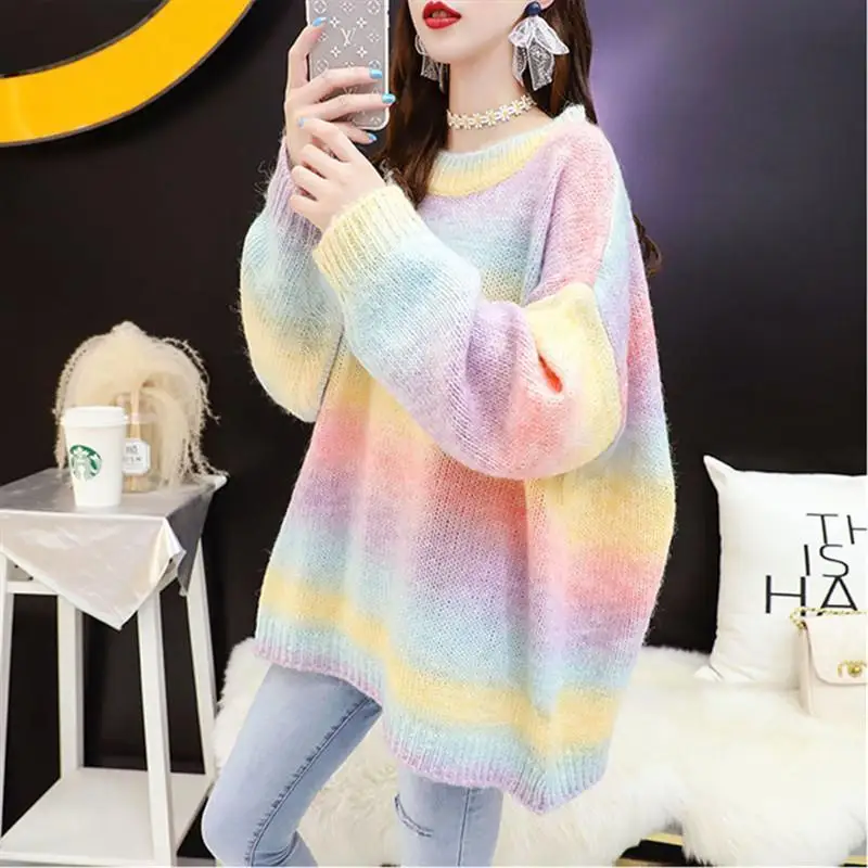 2023 Autumn Winter Women Sweater Rainbow Sweaters Tie Dye Pullover O-Neck Long Loose Striped Female Knit Top Wear