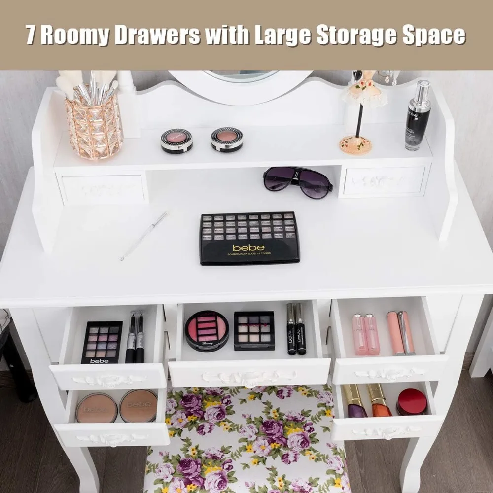 Vanity Set met drie opvouwbare spiegel en gedempte kruk, kaptafel met 7 lades en plank, antieke make-uptafel met re
