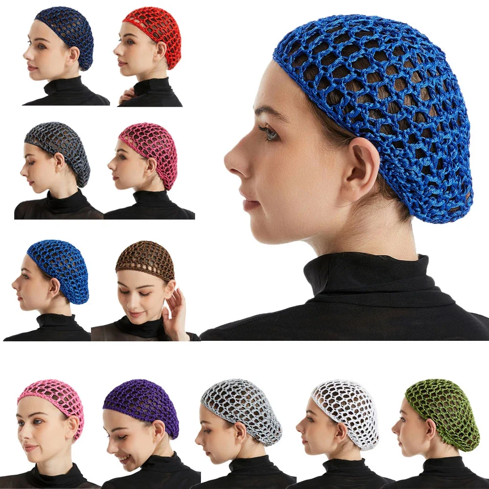 1PC Soft Knit Hair Net Rayon Knit Snood Hat Mesh Hair Care Cap Crochet Sleeping Night Cover Solid Color Turbans Hair Accessories