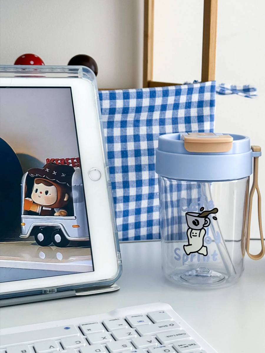 Vaso de Plástico de Alta Estética Mikki con Pajita, Taza para Café Frío, Tapa Doble con Asa, Tapa de Silicona, Botella de Agua