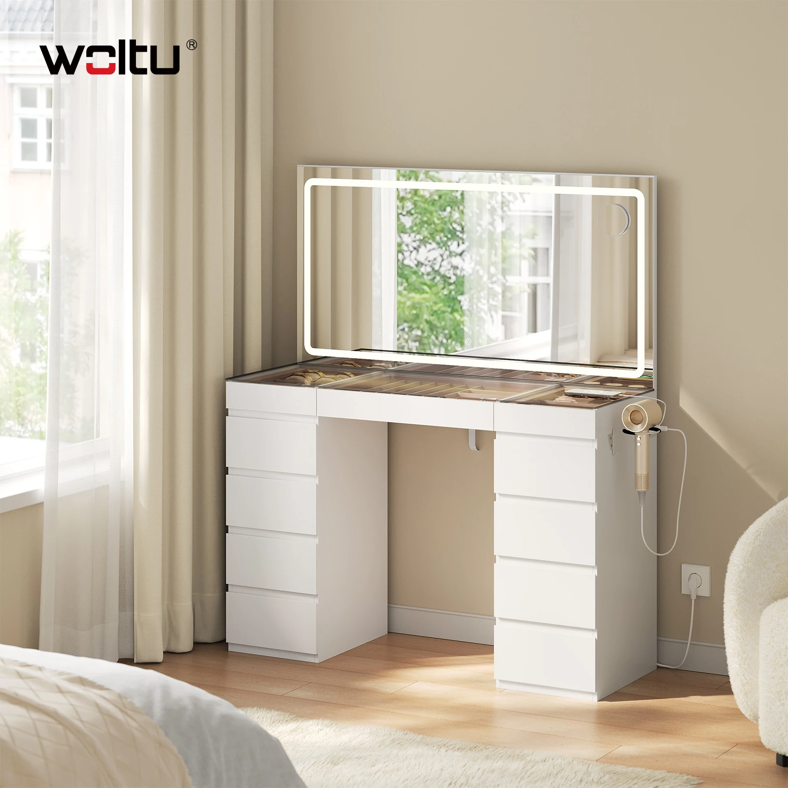 Coiffeuse WOLTU avec miroir et lumière LED tricolore réglable, espace de rangement, base de chargement, plateau en verre et support pour sèche-cheveux, 11 tiroirs inclus, idéale pour la chambre à coucher