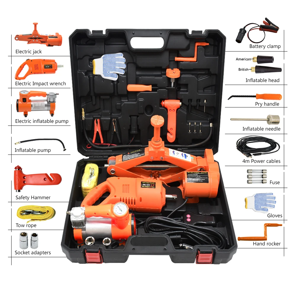 Wholesale Market 12 Volt Tools Car Trolley 2T 42cm 3 in 1 Electric Scissor Jack Suit with Hydraulic Repair Kit