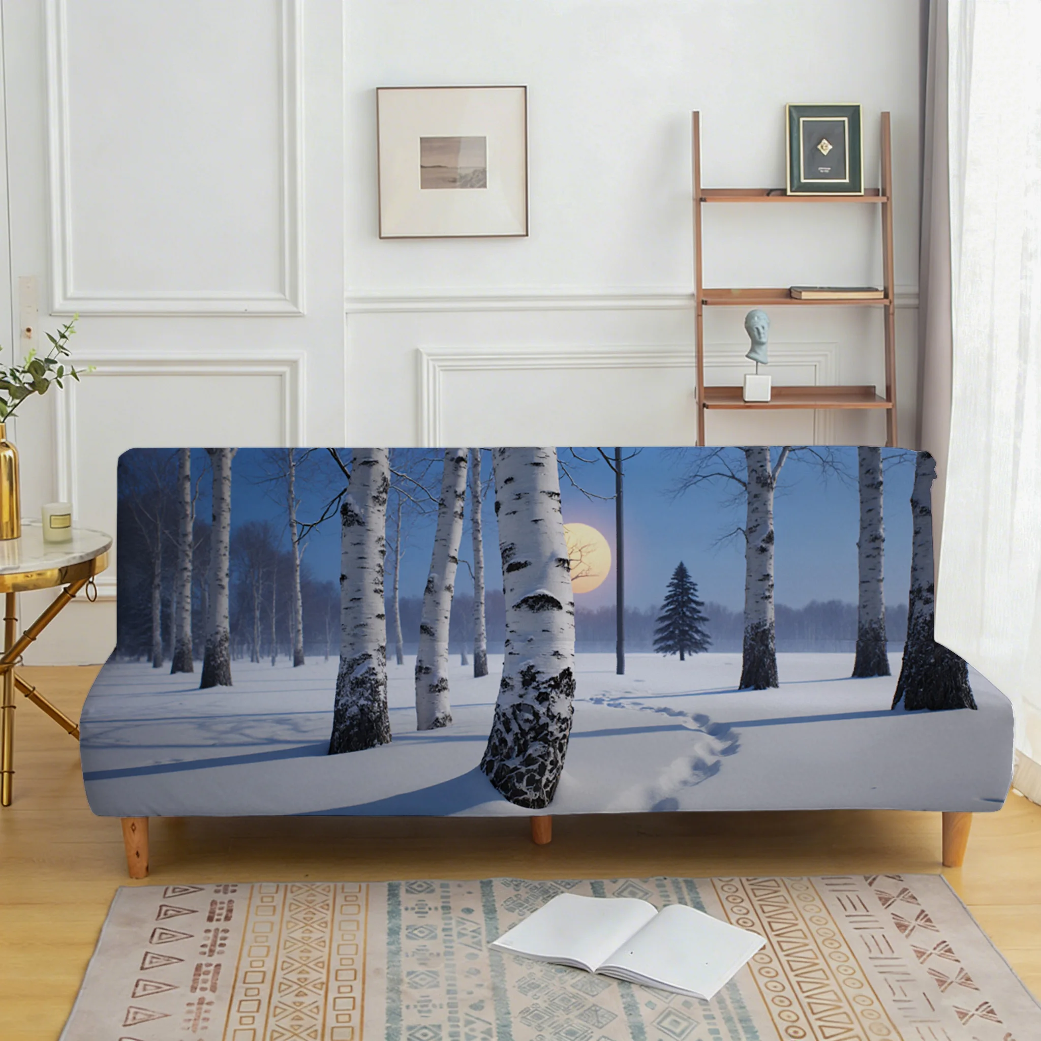 Winter birch forest snow elastic sofa bed cover, living room sofa bed cover, dustproof machine washable sofa bed cover