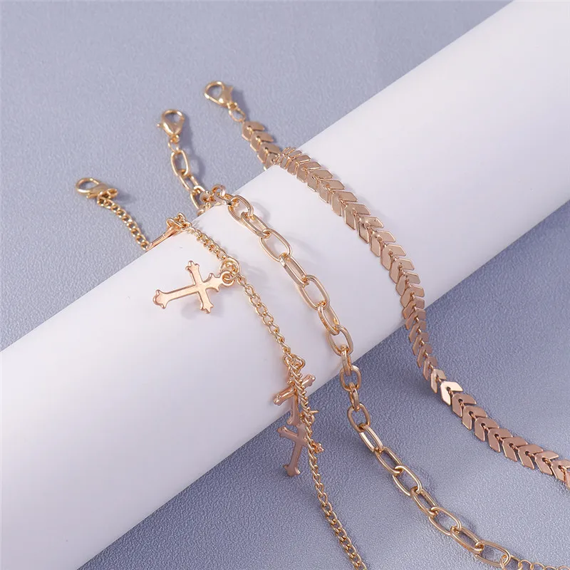 Aihua Boho Goldfarben Metallketten-Kreuz-Fußkettchen-Set für Frauen Kreuzanhänger Fußkettchen Kette am Bein Boho Schmuck Geschenke – Detail 4
