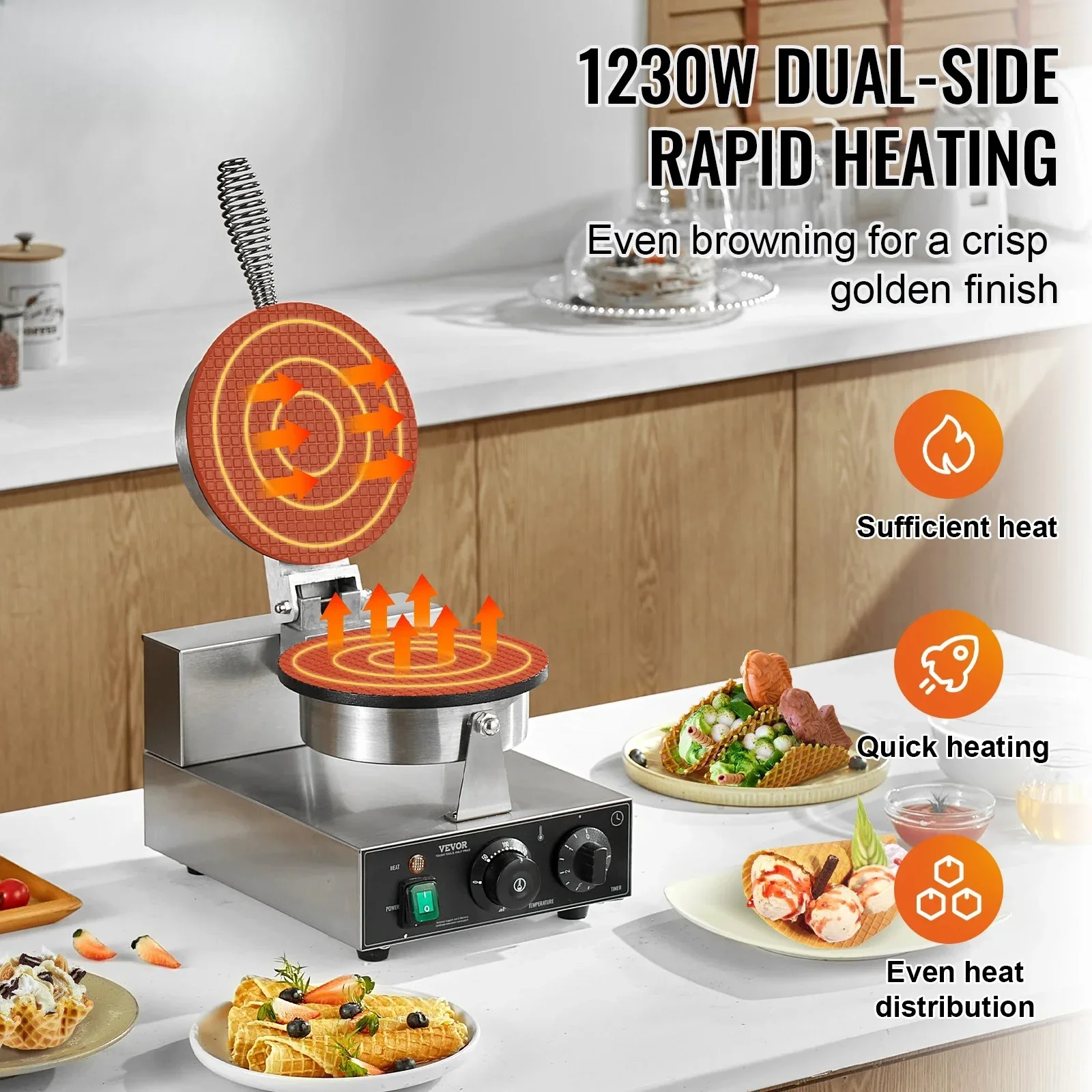 

JC JC Electric Ice Cream Cone Maker Commercial 1230W Non-Stick Stainless Steel Egg Roll Mold W/ Temperature And Time Contr