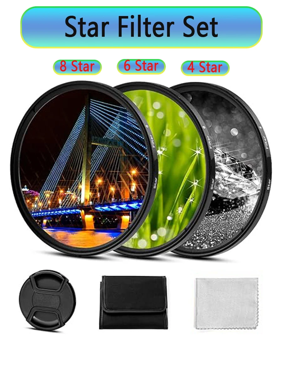 

Star Filters Kit (3 PCS) 4 Points 6 Points 8 Points Cross Screen Starburst Filters Set-18 Layer Coating Ultra Slim Optical Glass