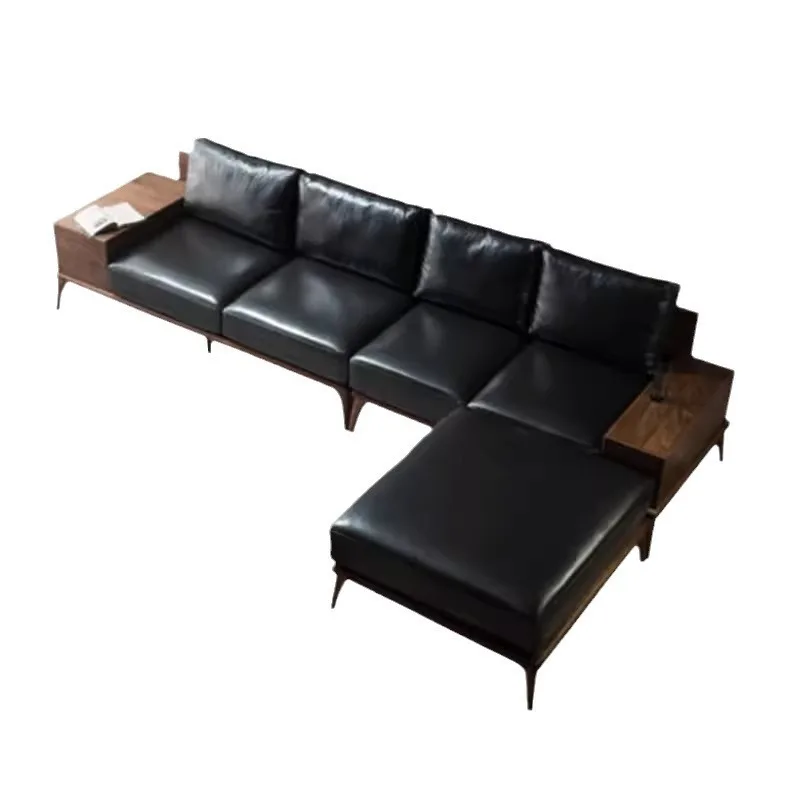 North American black walnut sofa, simple corner all solid wood sofa leather home storage living room furniture cherry wood