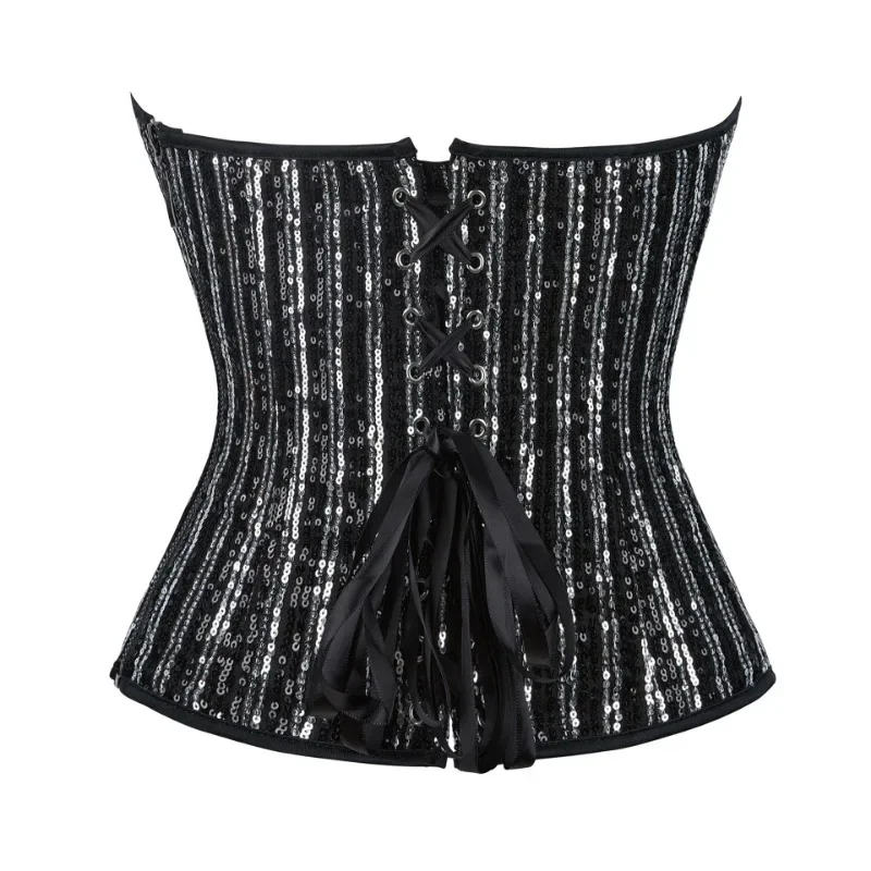 Women Sexy Corset Sequined Bustier Gothic Lace Up Boned Overbust Corselet Lingerie Top Burlesque Showgirl Costumes