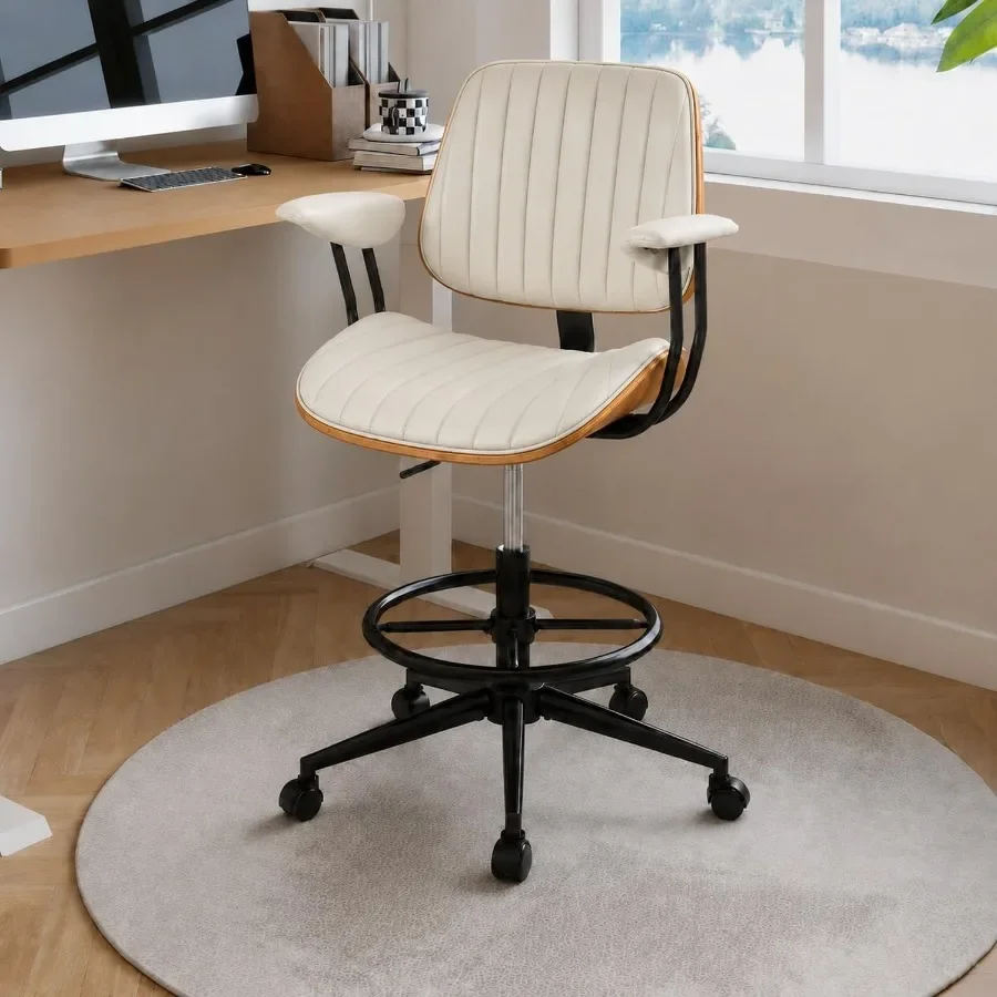 Drafting Chair with Arms, Bentwood Backrest Footrest Ring, Tall Office Chair for Standing Desk, Adjustable Height PU Leather De