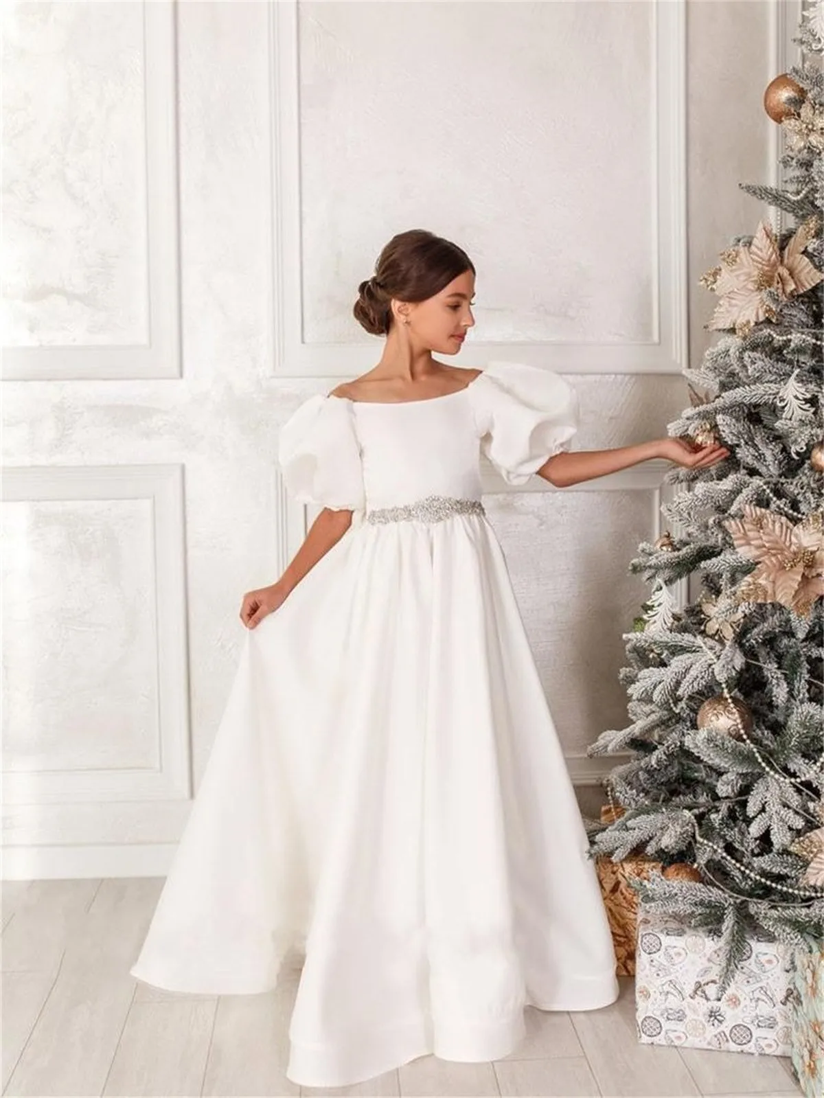 Vestido simples cetim a linha flor até o chão, mangas meia lanterna com arco para casamento, festa de aniversário infantil, vestidos de concurso