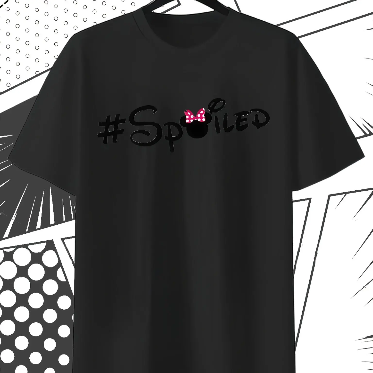 

Disney Minnie Mouse Pattern T-shirt - Comfortable Short Sleeve Round Neck Casual with # Spoiled and Minnie Bow Design