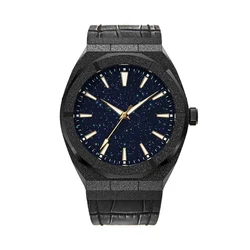 Matten Black Paul Rich Style Leather Band Blue Star Dust Dial Men Frosted Watch