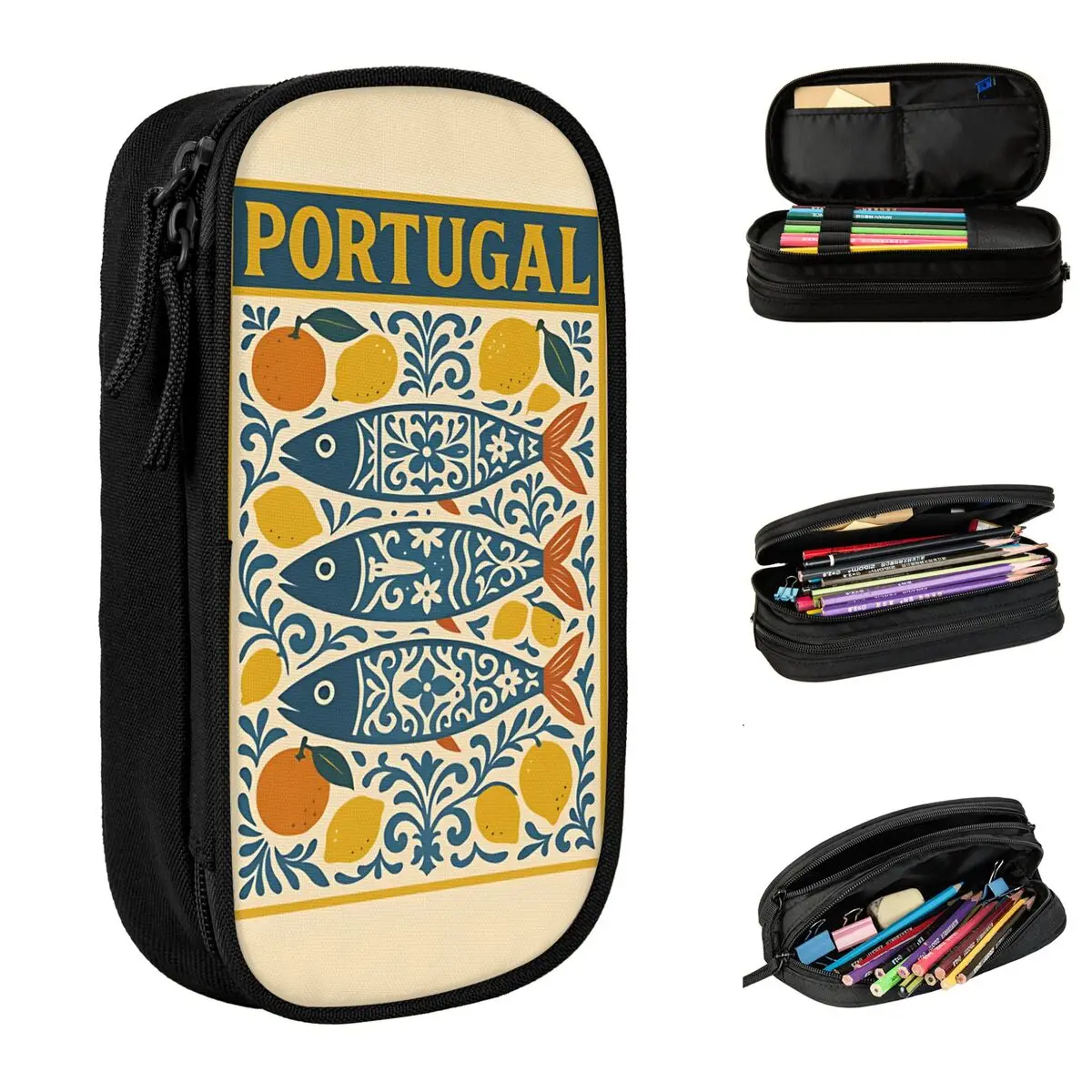 Estuches de lápices de arte de sardinas y limones de Portugal, portalápices, bolsas de lápices, almacenamiento grande para estudiantes, caja de lápices con cremallera para oficina