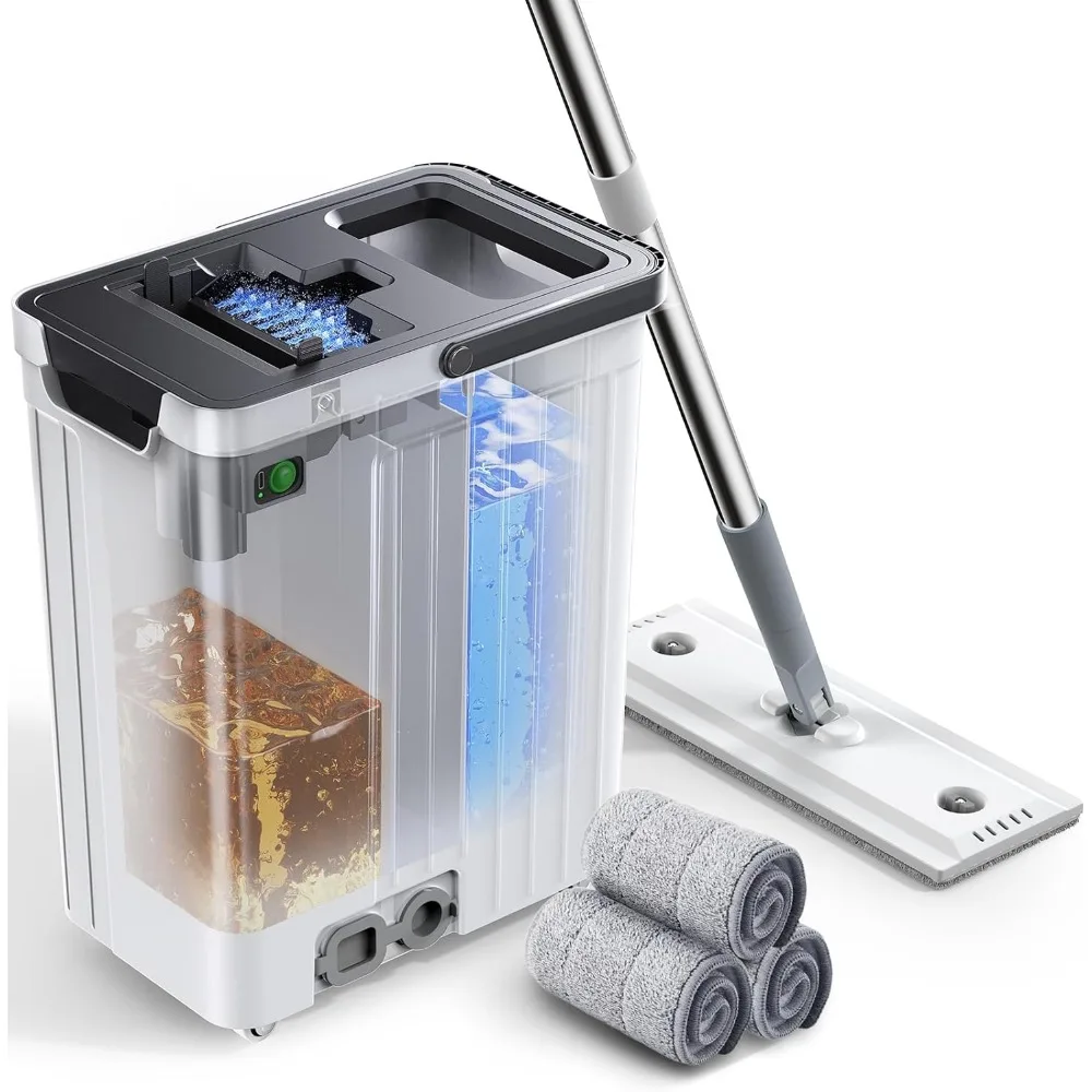 

Flat Mop with Bucket Auto Spray Dirty Water Separation 3 Washable Pads for Tile Wall Window