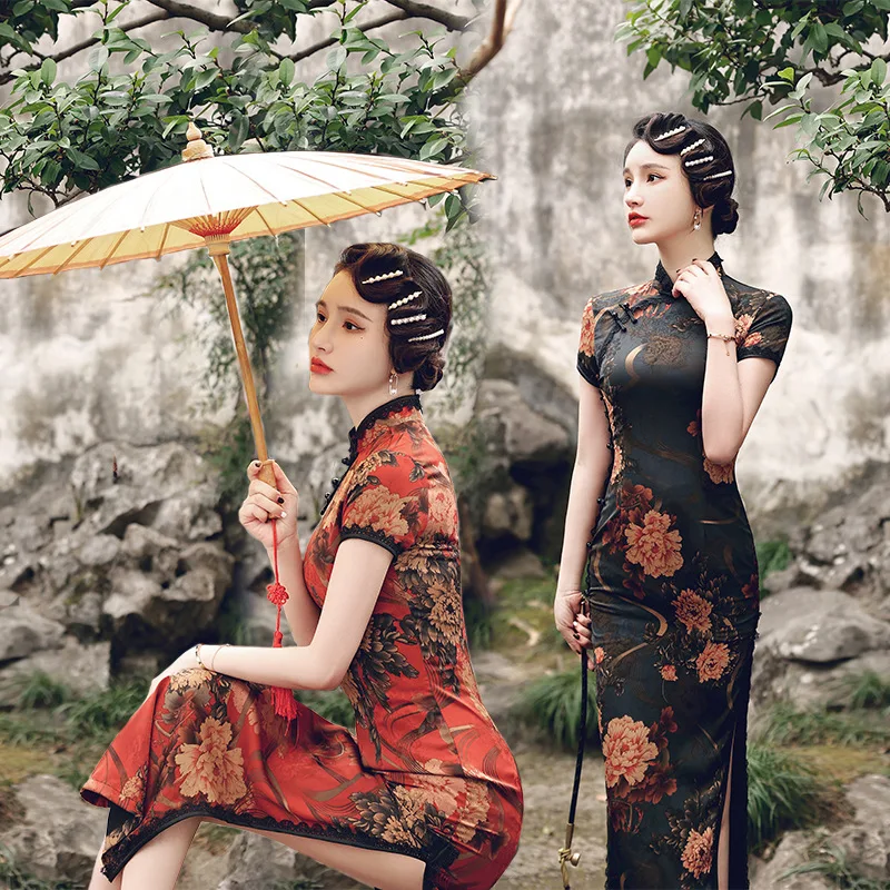 

Elegant Summer Long Cheongsam Elegant Retro Printing Performance Photograph Qipao Chinese Style Evening Dress for Women Party