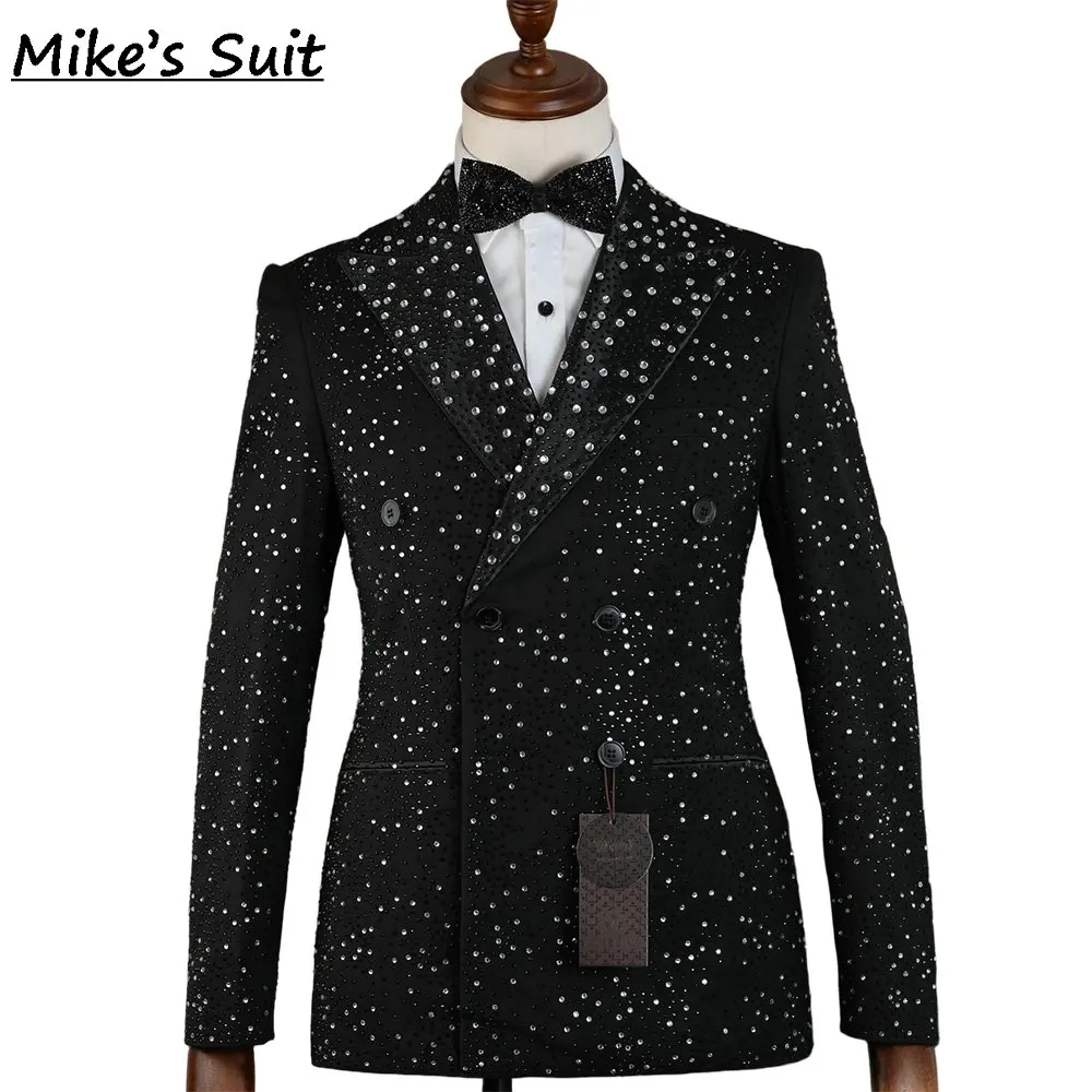 Preto terno de casamento noivo usar luxo gem cristal ternos do homem formal smoking duas peças conjunto blazer e calças traje de novia