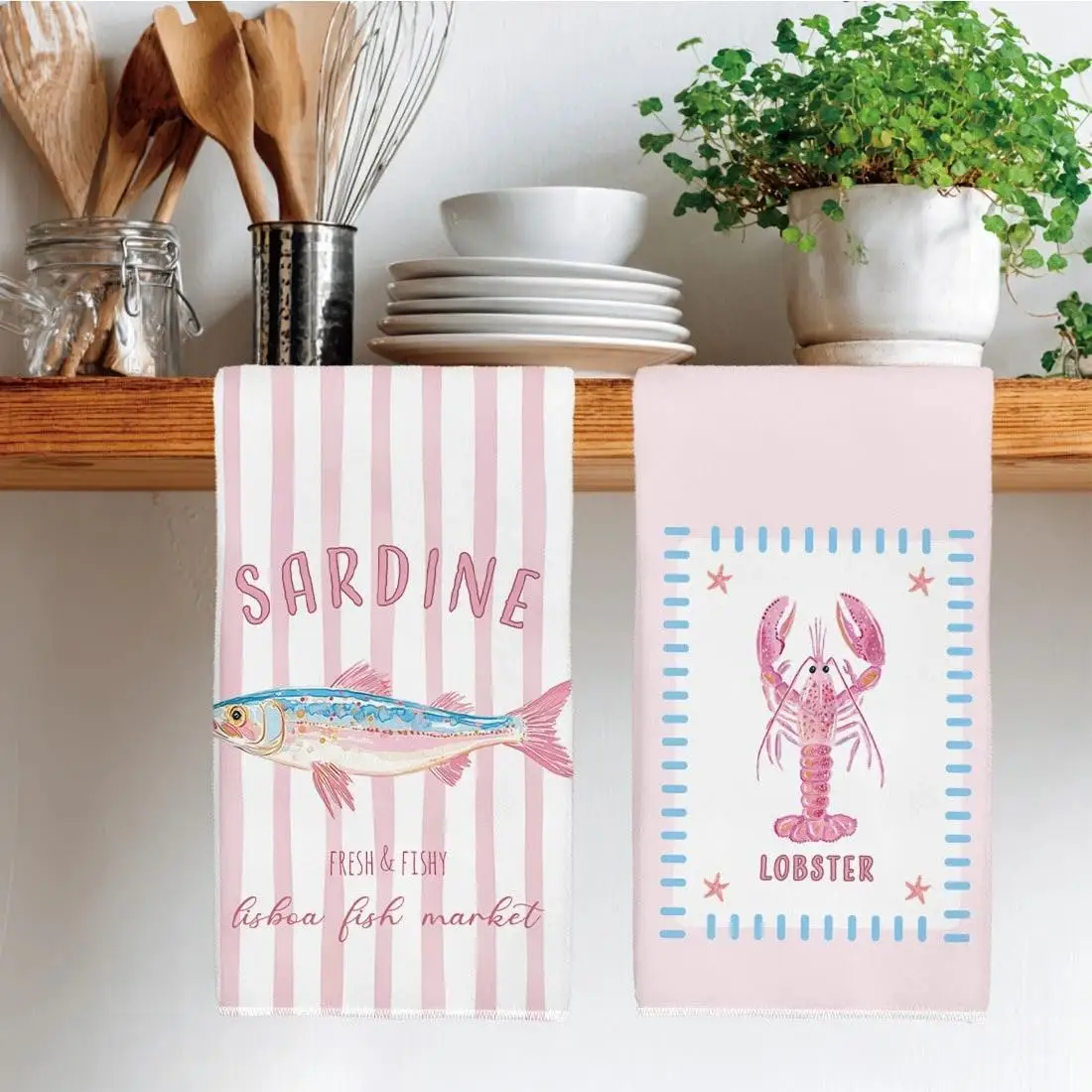 Cleaning Cloth 2PCS kitchen towel, sardine lobster market pattern print