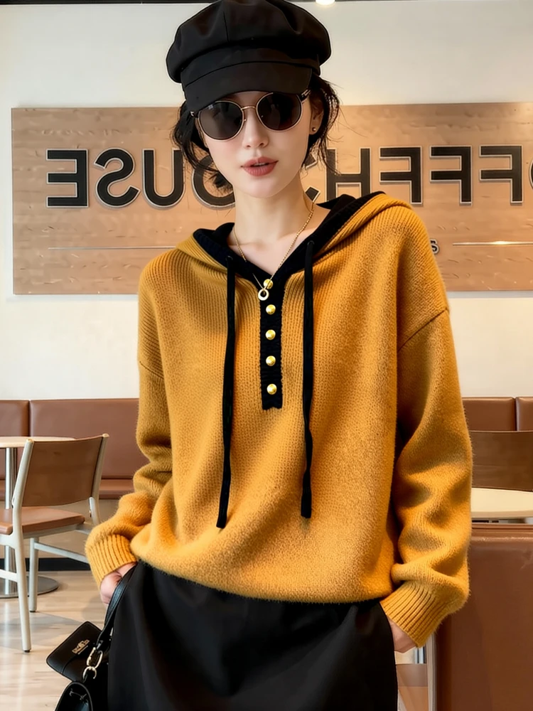 

Модный женский вязаный свитер с капюшоном в стиле колор-блок, свободного кроя, с длинными рукавами, желтый, удобный, теплый, зимний, новинка