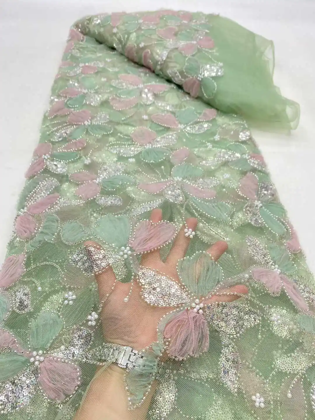 

French Bead Tulle Lace Fabric, Nigerian Wedding Dress for Women, Nigerian Sewing, Luxury, High Quality, 5 Yards