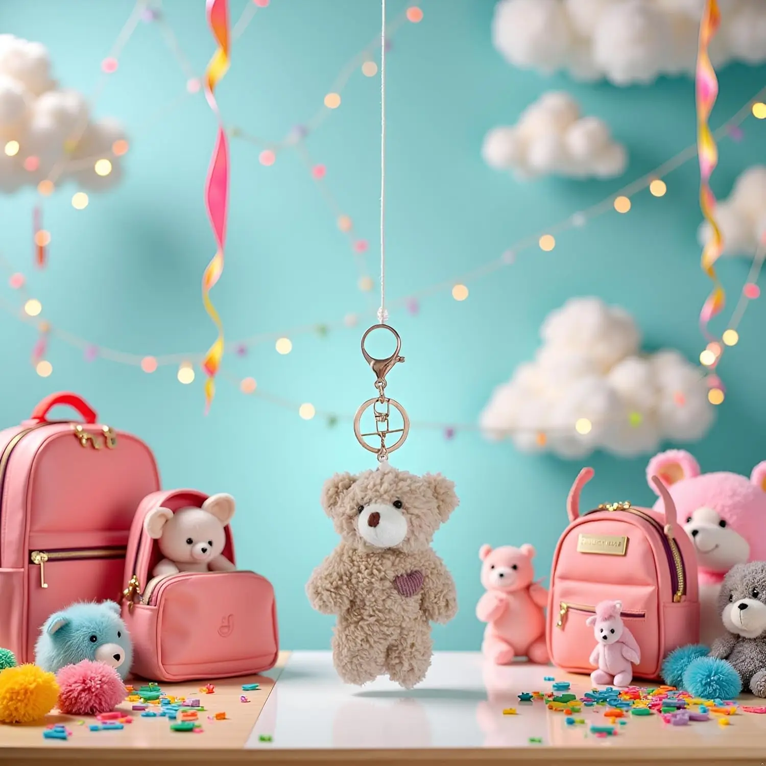 Weicher brauner Plüschbär-Schlüsselanhänger mit rosa Herz, ideal für Rucksäcke und DIY-Bastelarbeiten.