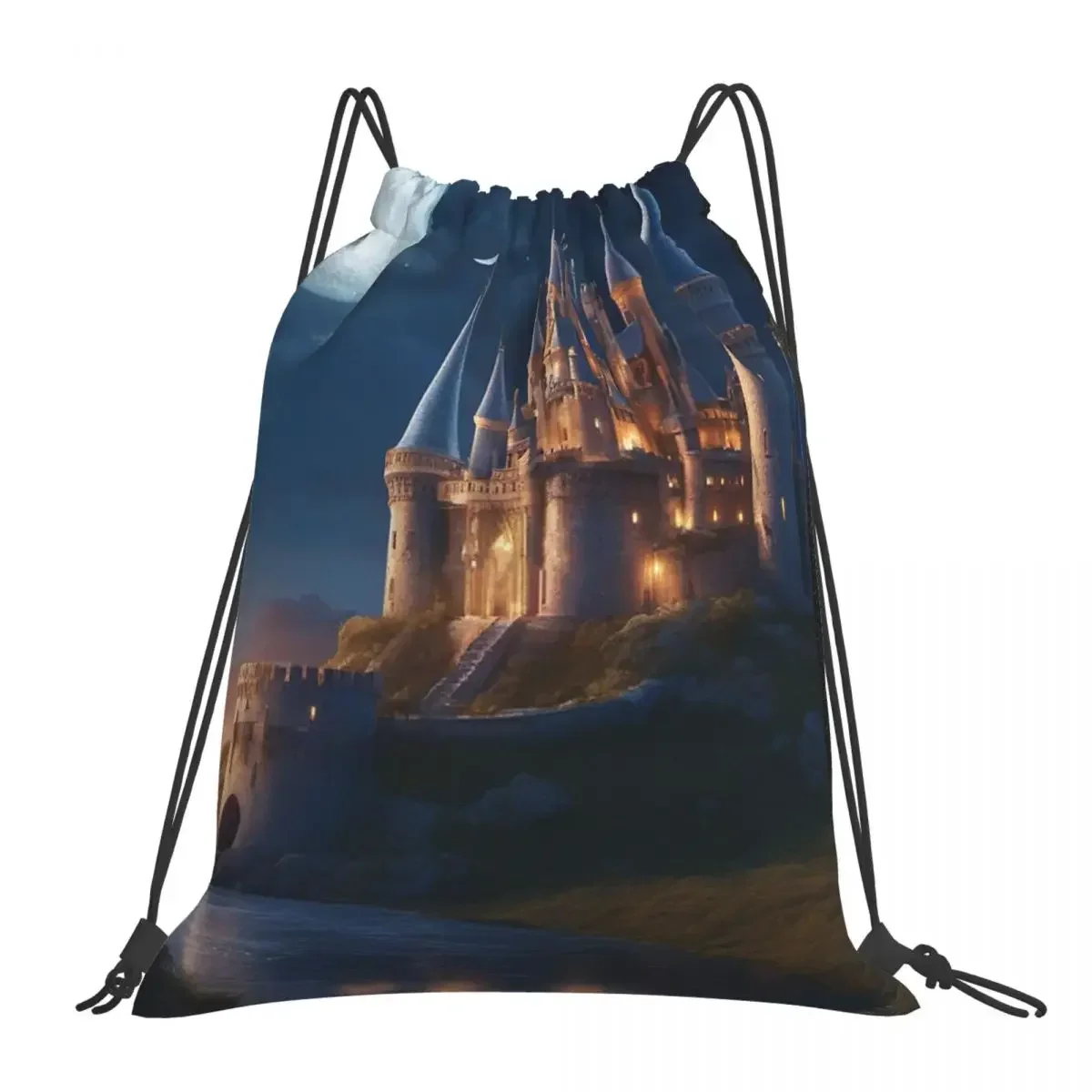 

Beautiful Castle Illustration In A Moonlight Backpacks Drawstring Bags Drawstring Bundle Pocket Sports Bag BookBag