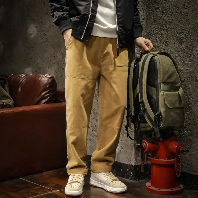 Spring Autumn New Solid Color Cotton Elastic Waist Cargo Pants Man High Street Casual Pockets Fashion All-match Loose Trousers